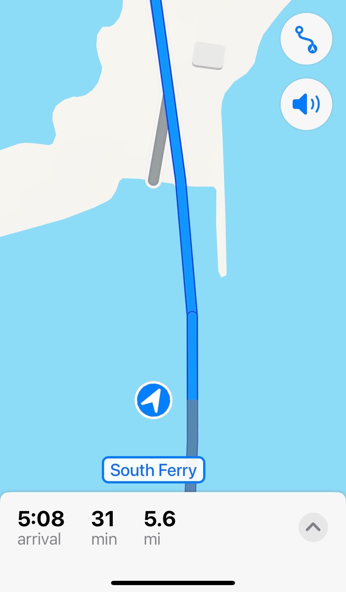 Screenshot of Apple Maps depicting the car in the water even though we are actually are on a ferry.