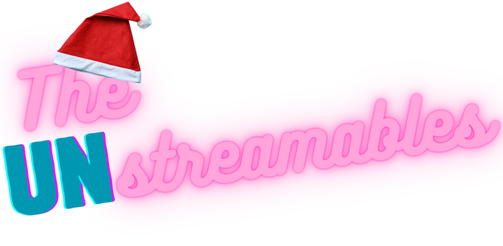 The Unstreamables pink neon sign wearing a Santa Hat. 